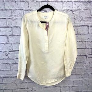 Equipment Femme Silk Linen Blend Band Collar Blouse XS Ivory with Stripe Placket